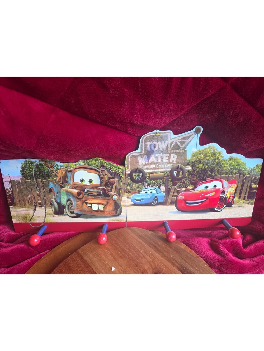 Disney Cars Wall Folding Hanging Hooks 4 Peg Wood Rack 23x9 Lightning Mater Rare